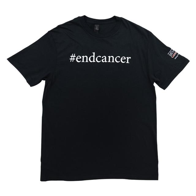 Black T-shirt featuring #endcancer slogan on the front, accompanied by the MD Anderson logo displayed on the sleeve.