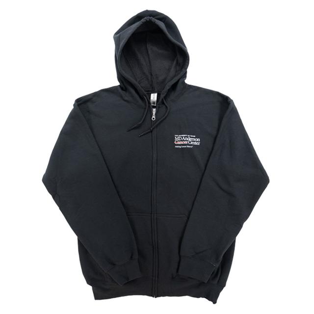 Black zippered hoodie with pockets, featuring the white MD Anderson logo on the chest area.