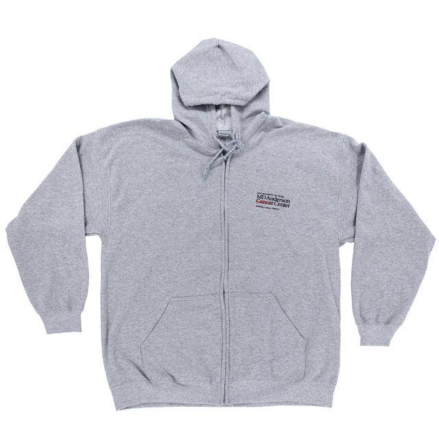 Grey zippered hoodie with pockets, featuring the black MD Anderson logo on the chest area.