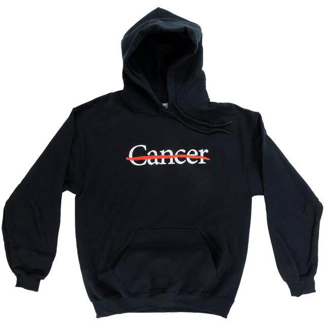 Black hooded sweatshirt with the cancer strikethrough logo in white.